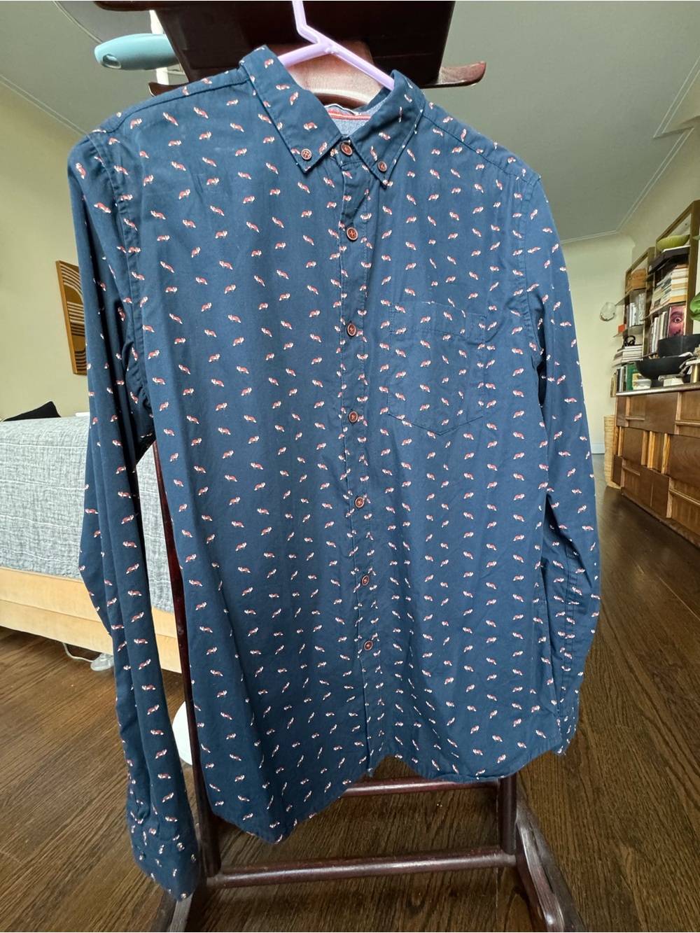 Denim & Flower Navy Button-Down Shirt with Red Fox Print